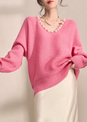 Brief Pink Thick Cotton Knit Sweater V Neck Pearl Lantern Sleeve