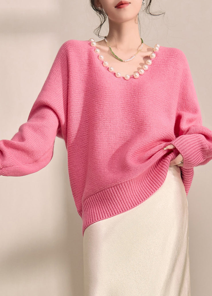Brief Pink Thick Cotton Knit Sweater V Neck Pearl Lantern Sleeve