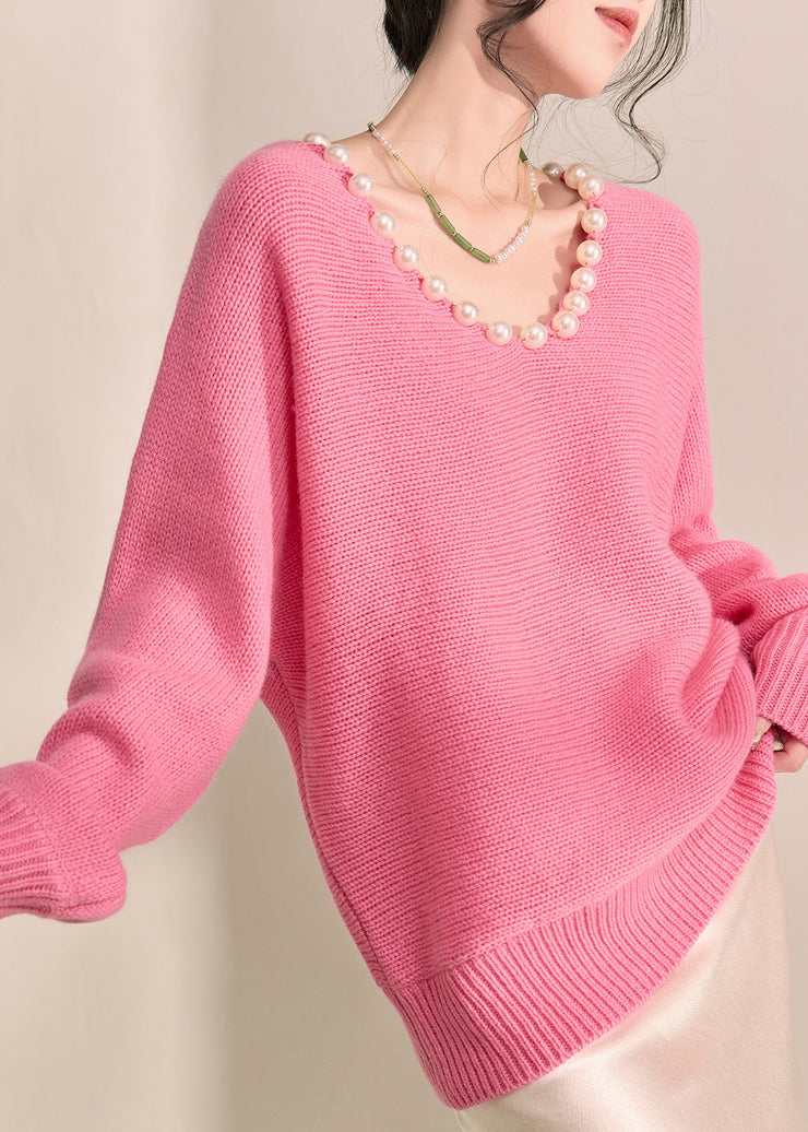 Brief Pink Thick Cotton Knit Sweater V Neck Pearl Lantern Sleeve