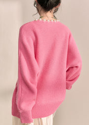 Brief Pink Thick Cotton Knit Sweater V Neck Pearl Lantern Sleeve