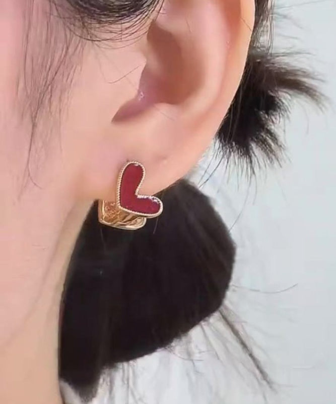 Brief Red Sterling Silver Overgild Zircon Love Stud Earrings