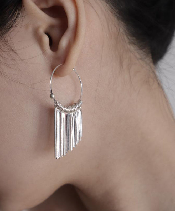 Brief Silk 925 Silver Waterfall Tassel Hoop Earrings