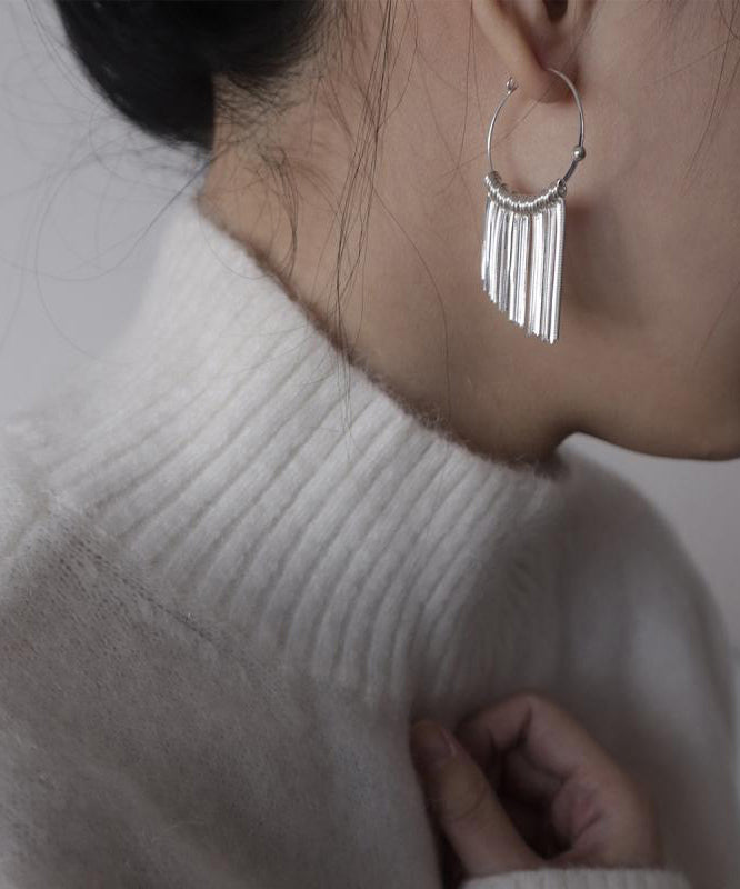 Brief Silk 925 Silver Waterfall Tassel Hoop Earrings