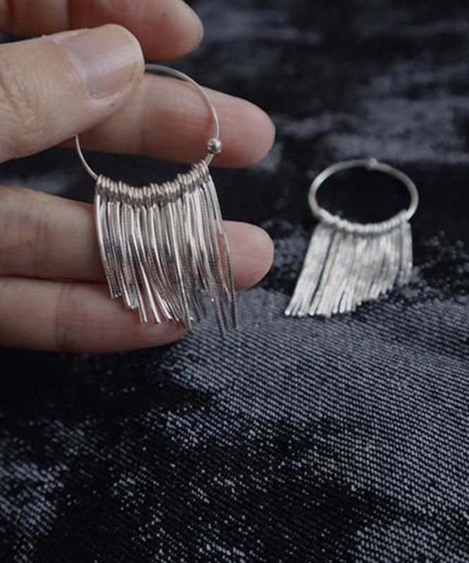 Brief Silk 925 Silver Waterfall Tassel Hoop Earrings