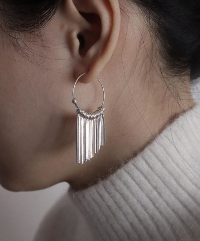 Brief Silk 925 Silver Waterfall Tassel Hoop Earrings