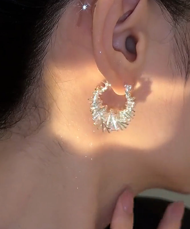 Brief Silk Copper Zircon Wrinkled Hoop Earrings