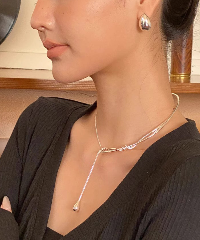 Brief Silk Stainless Steel Water Drop Pendant Necklace