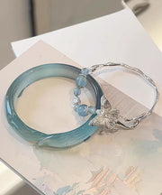 Brief Sterling Silver Zircon Jade Butterfly Bangle Two-Piece Set