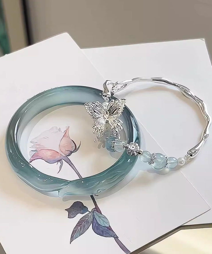 Brief Sterling Silver Zircon Jade Butterfly Bangle Two-Piece Set