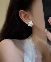 Brief White Alloy Pearl Camellia Stud Earrings