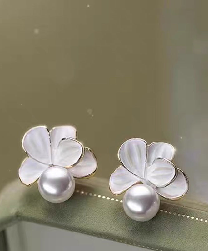 Brief White Alloy Pearl Camellia Stud Earrings