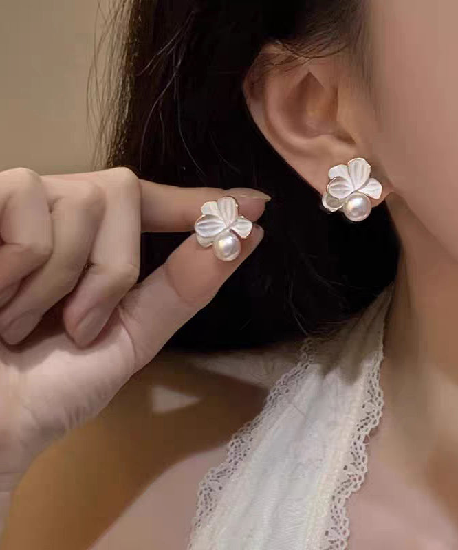 Brief White Alloy Pearl Camellia Stud Earrings
