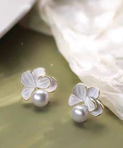 Brief White Alloy Pearl Camellia Stud Earrings