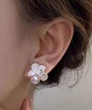 Brief White Alloy Pearl Camellia Stud Earrings
