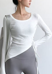 Brief White Asymmetrical Long Sleeve Tie Waist Yoga T Shirts
