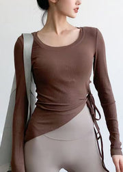 Brief White Asymmetrical Long Sleeve Tie Waist Yoga T Shirts