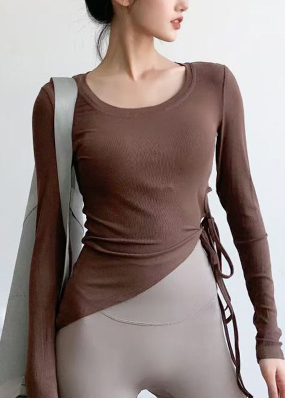 Brief White Asymmetrical Long Sleeve Tie Waist Yoga T Shirts