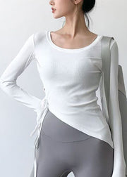 Brief White Asymmetrical Long Sleeve Tie Waist Yoga T Shirts