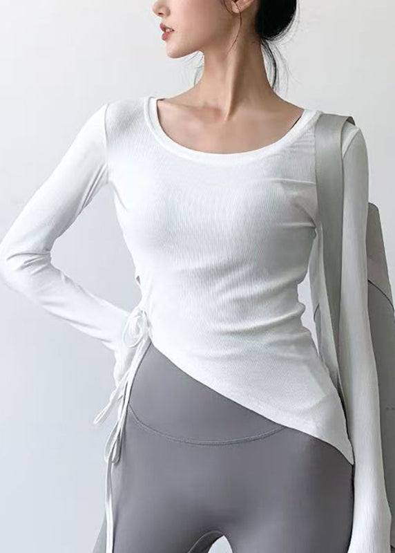 Brief White Asymmetrical Long Sleeve Tie Waist Yoga T Shirts