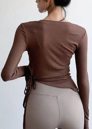 Brief White Asymmetrical Long Sleeve Tie Waist Yoga T Shirts