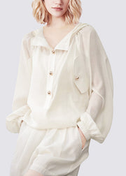 Brief White Button Hooded Shirts Vest And Shorts Three-Piece Set Lantern Sleeve