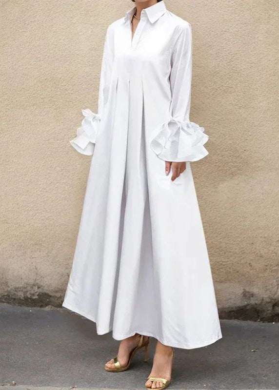 Brief White Color Flared Sleeves Pleated Shirts Dress