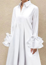 Brief White Color Flared Sleeves Pleated Shirts Dress