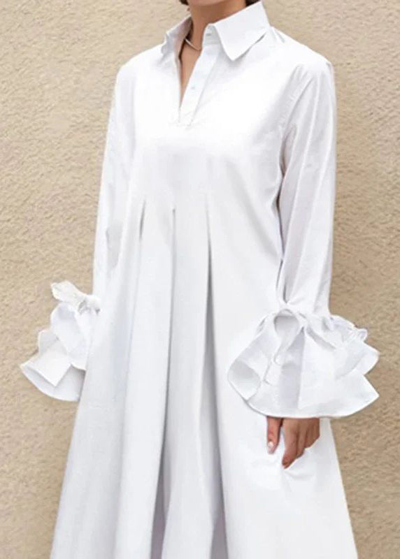 Brief White Color Flared Sleeves Pleated Shirts Dress