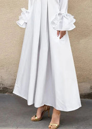 Brief White Color Flared Sleeves Pleated Shirts Dress