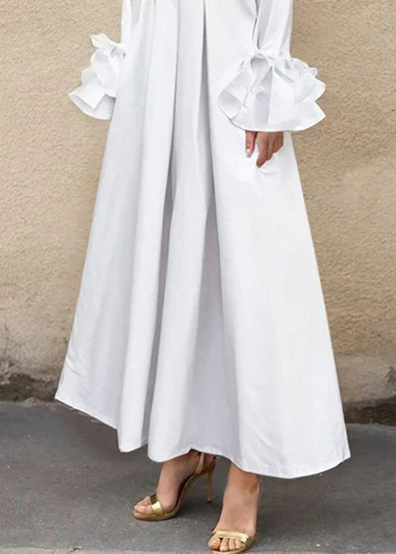 Brief White Color Flared Sleeves Pleated Shirts Dress