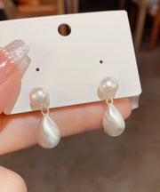 Brief White Copper Ovegild 14K Gold Pearl Drop Earrings