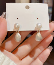 Brief White Copper Ovegild 14K Gold Pearl Drop Earrings