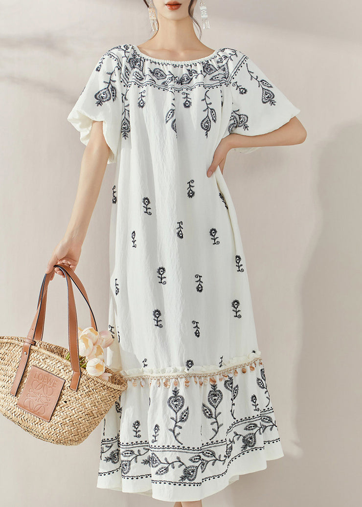 Brief White Embroidered Ruffled Patchwork Tassel Long Dress Summer
