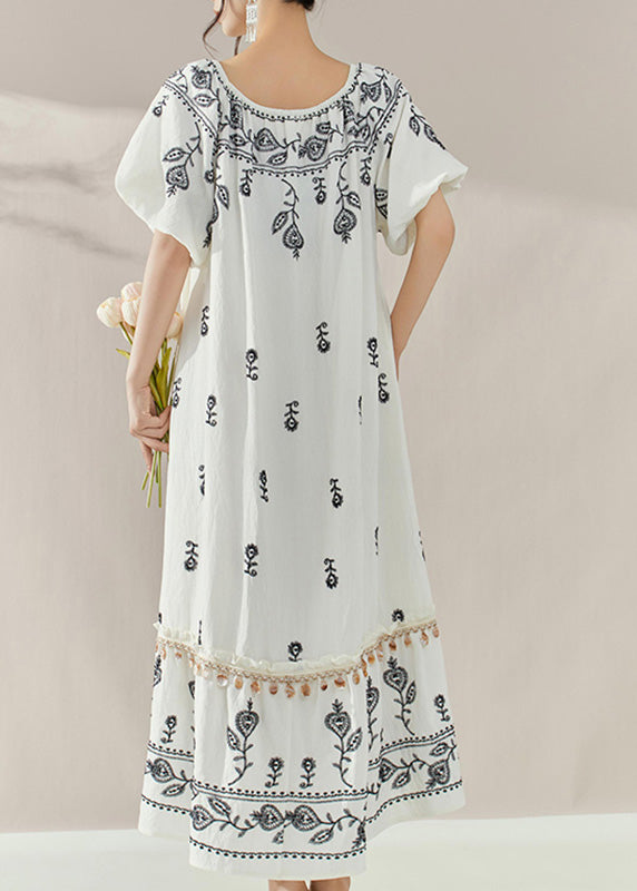 Brief White Embroidered Ruffled Patchwork Tassel Long Dress Summer