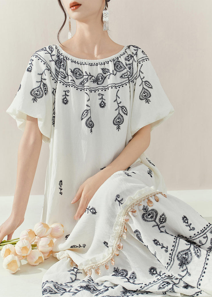 Brief White Embroidered Ruffled Patchwork Tassel Long Dress Summer