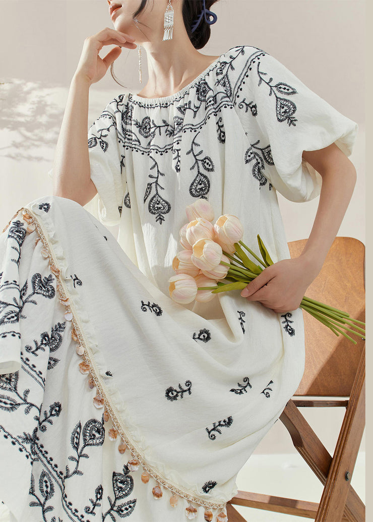 Brief White Embroidered Ruffled Patchwork Tassel Long Dress Summer