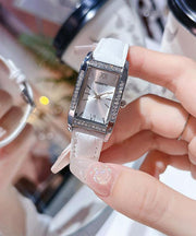 Brief White Leather Zircon Square Watches