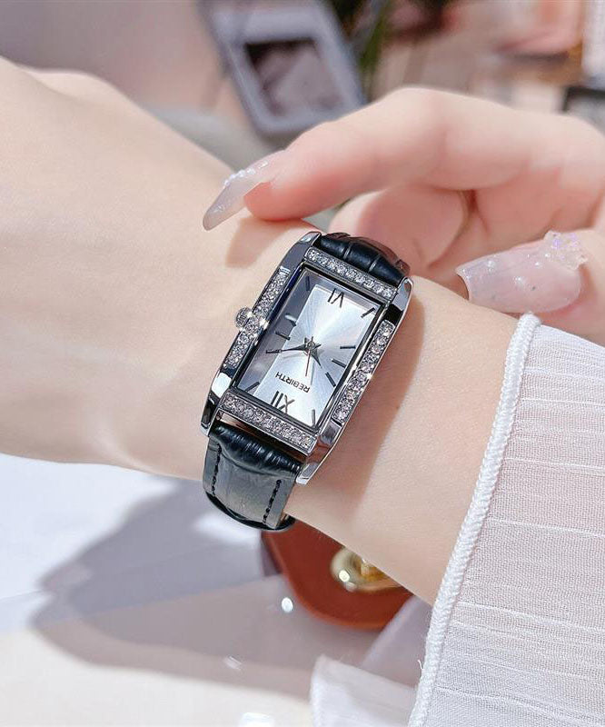 Brief White Leather Zircon Square Watches