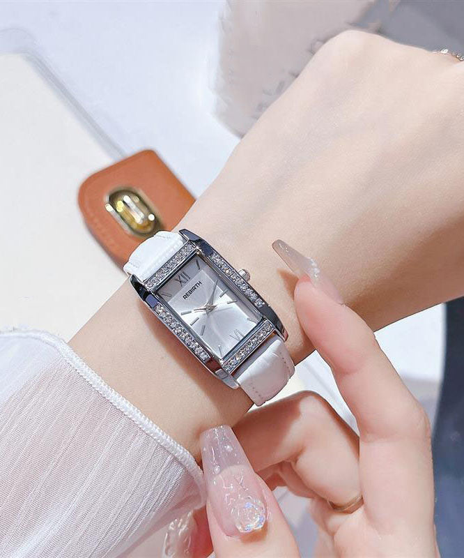 Brief White Leather Zircon Square Watches