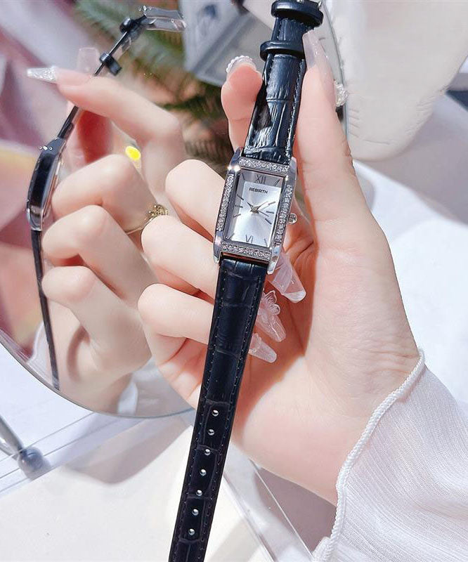 Brief White Leather Zircon Square Watches