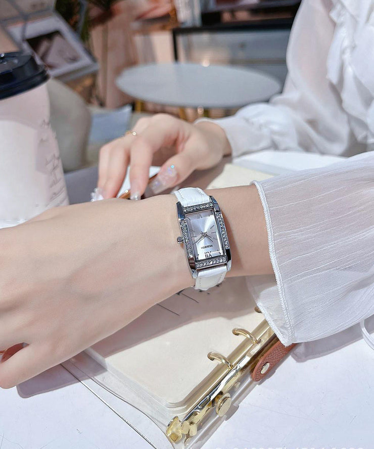 Brief White Leather Zircon Square Watches