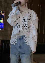 Brief White Peter Pan Collar Hollow Out Lace Shirt Spring