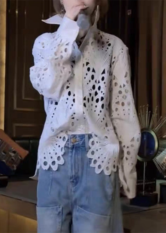 Brief White Peter Pan Collar Hollow Out Lace Shirt Spring