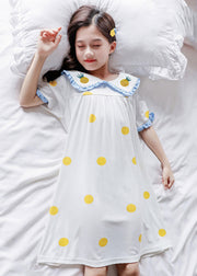 Brief White Peter Pan Collar Print Cozy Cotton Girls Maxi Dresses Short Sleeve
