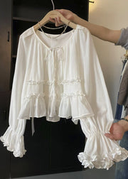 Brief White Ruffled Tie Lace Shirt Flare Sleeve