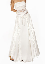Brief White Ruffled Tie Waist Elastic Waist Maxi Skirt