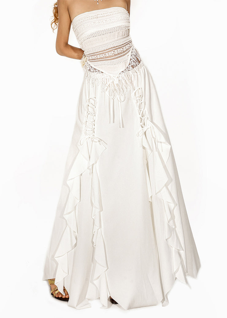 Brief White Ruffled Tie Waist Elastic Waist Maxi Skirt