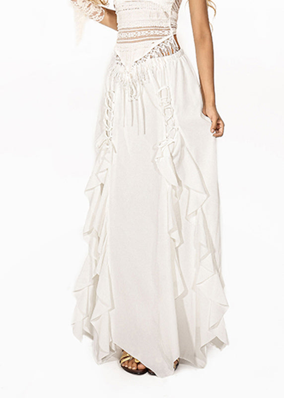 Brief White Ruffled Tie Waist Elastic Waist Maxi Skirt