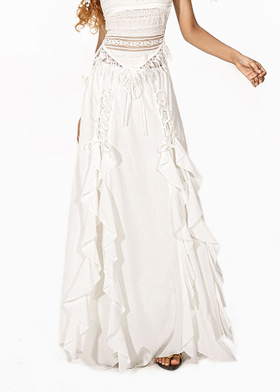 Brief White Ruffled Tie Waist Elastic Waist Maxi Skirt