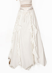 Brief White Ruffled Tie Waist Elastic Waist Maxi Skirt